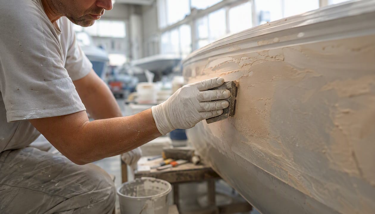 Technician applying fairing compound on yacht hull