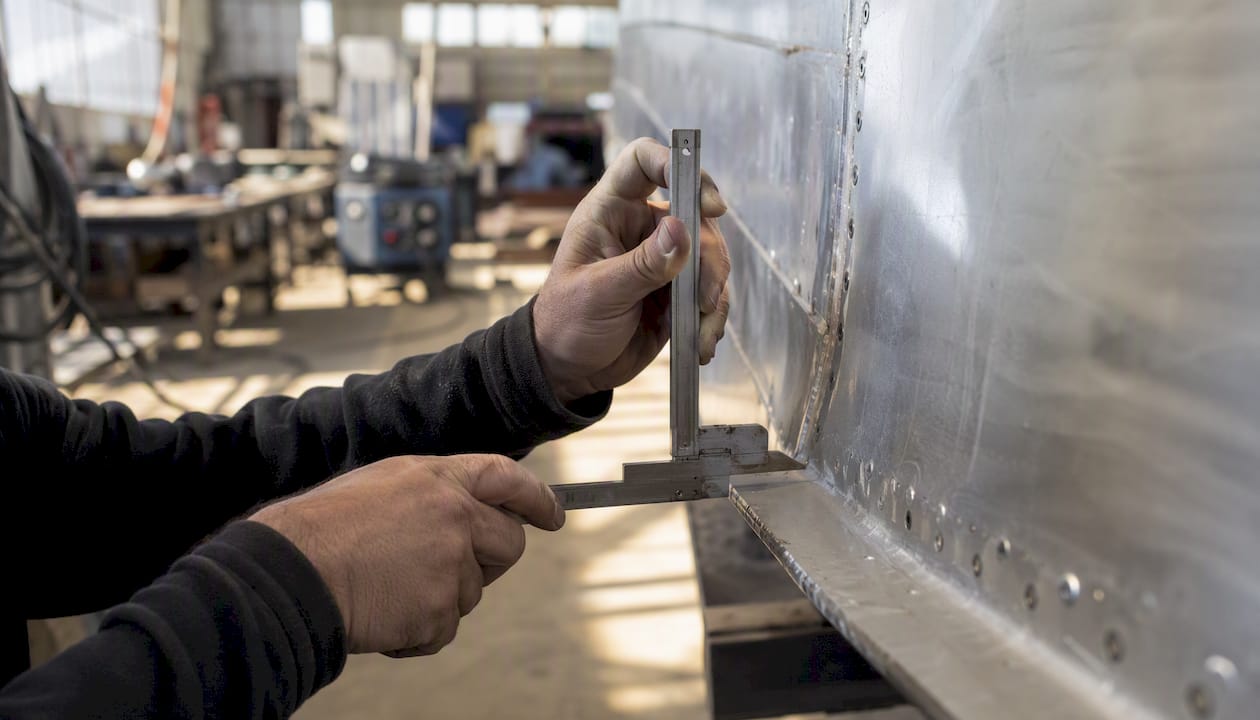 Hands measuring aluminum hull in yacht refit