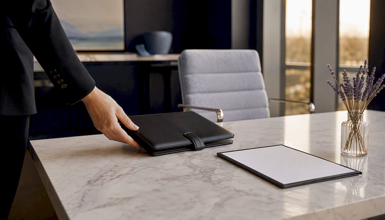 Broker's hand placing portfolio on desk