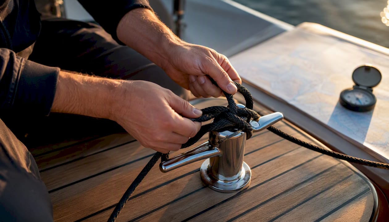 Hands tying knots during seamanship test