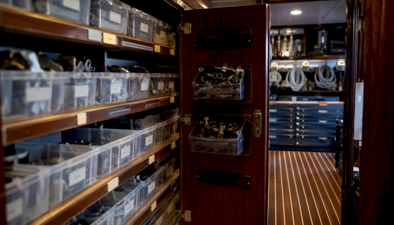 Yacht parts locker with organized spares
