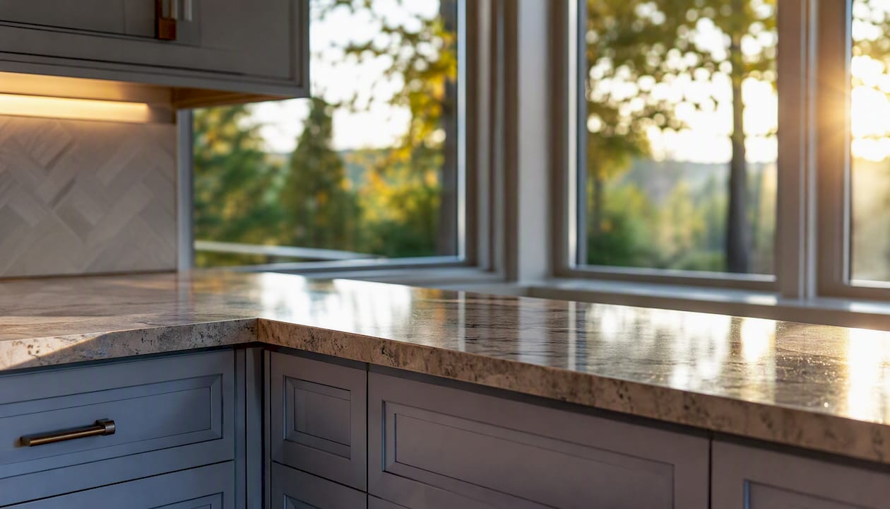 Close-up of renovated kitchen countertop detail