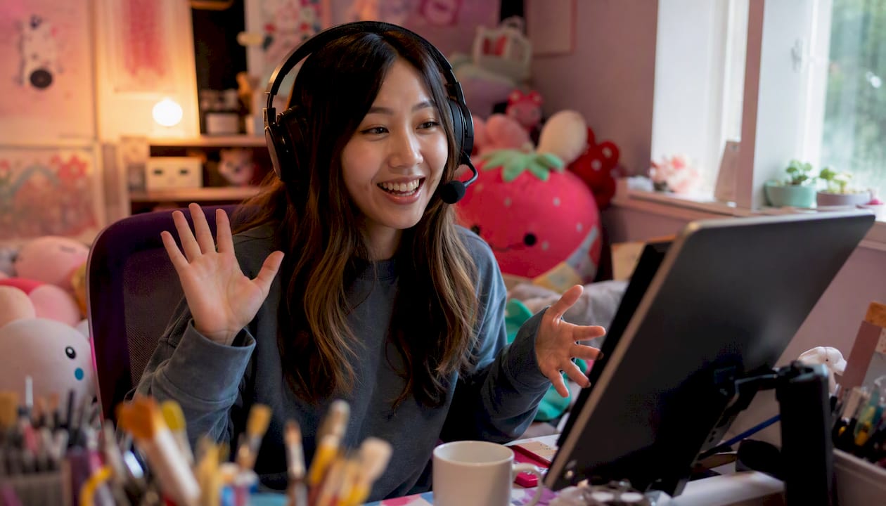 Female creator streaming live in creative studio