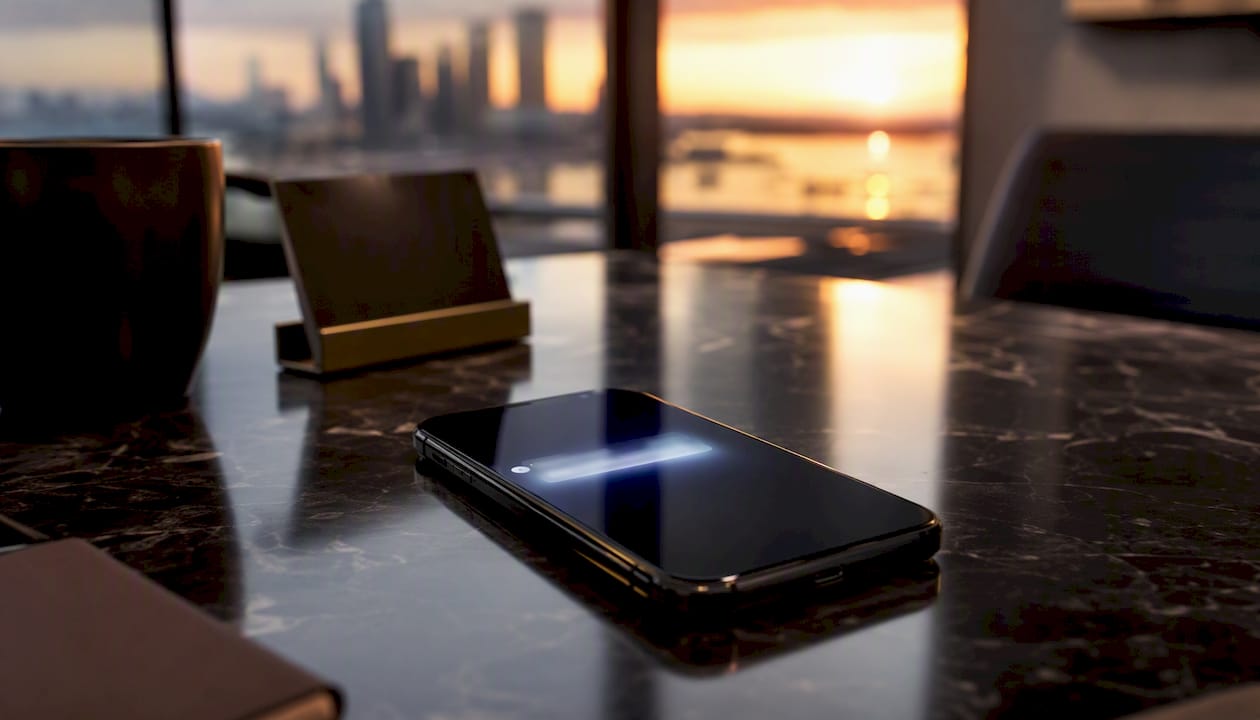 Luxury office desk with smartphone showing Slack alert