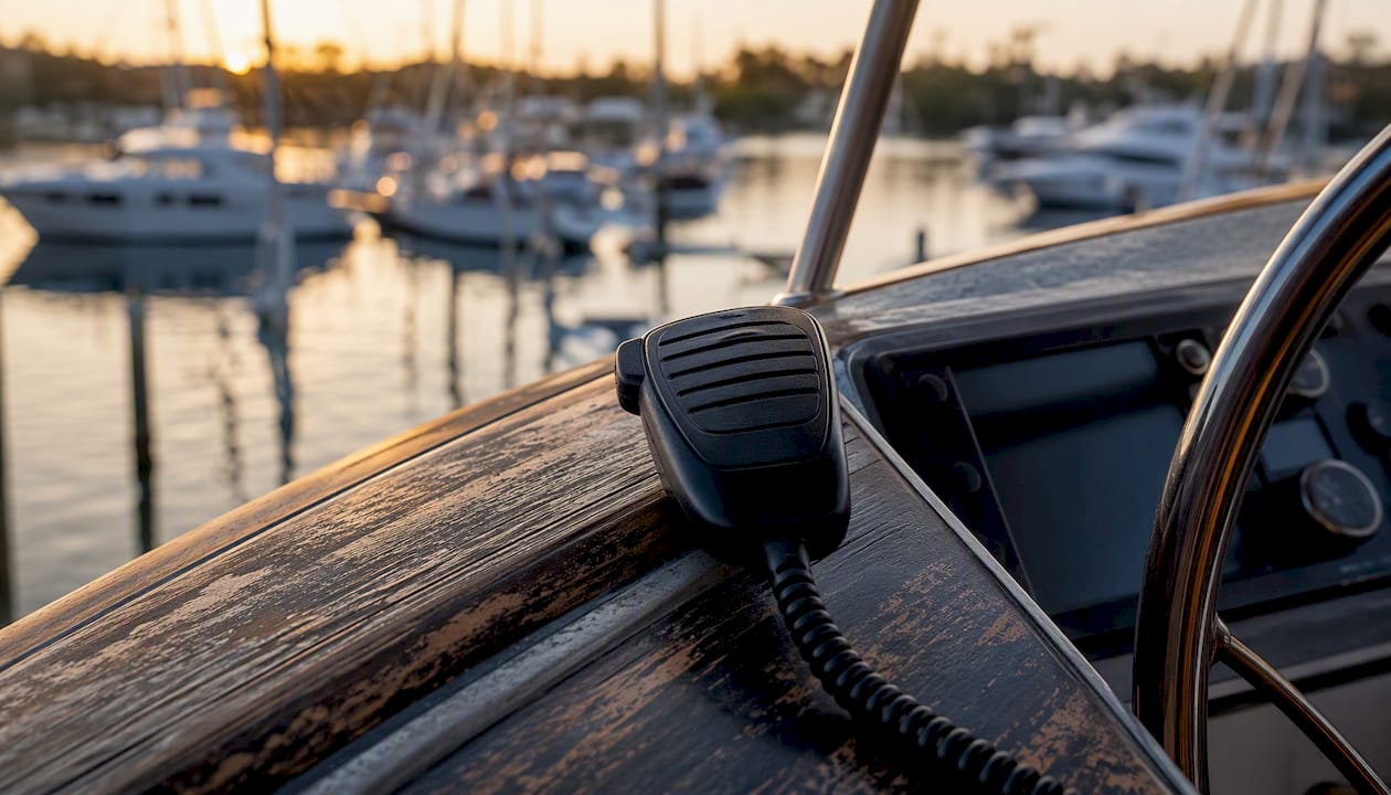 Marine radio handset on yacht deck railing