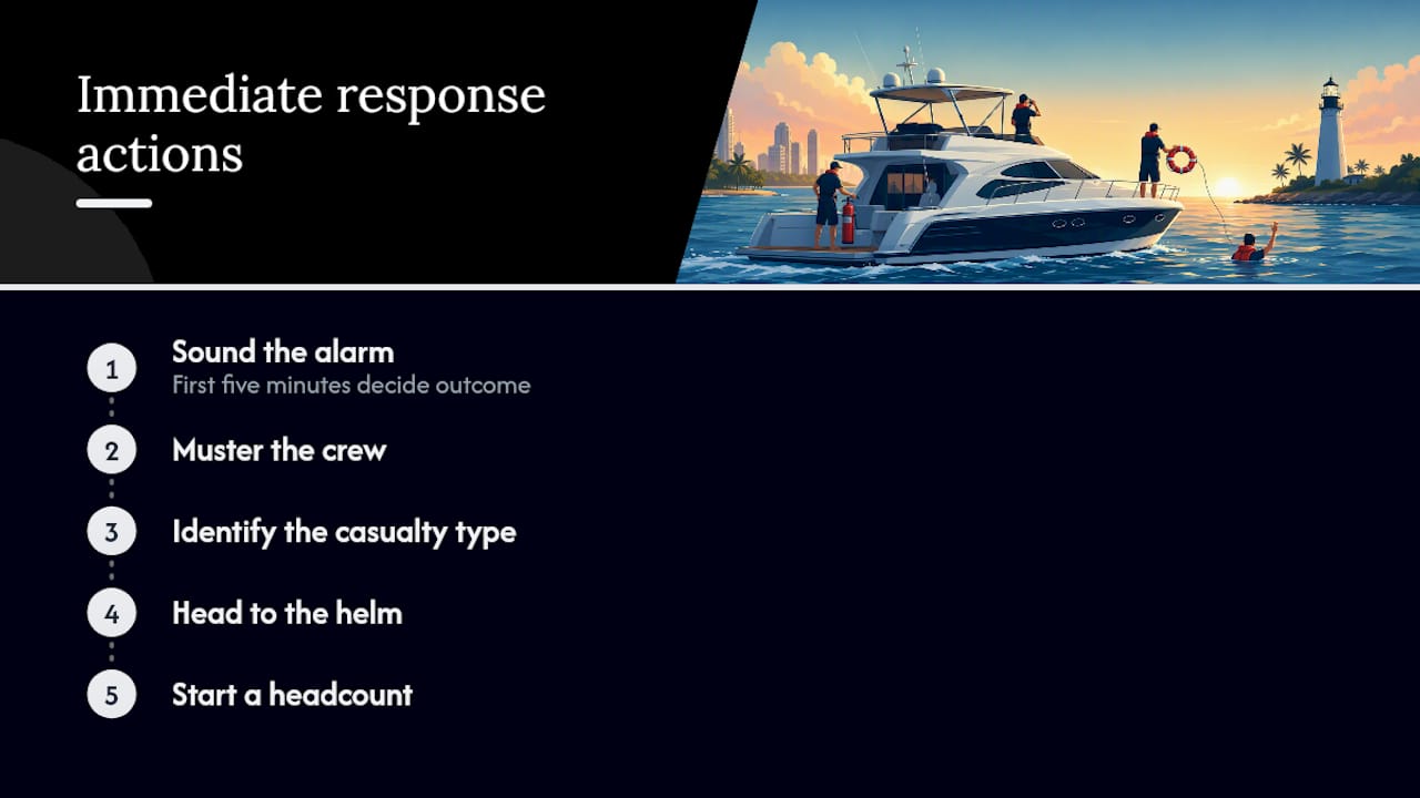 Stepwise yacht emergency phases timeline