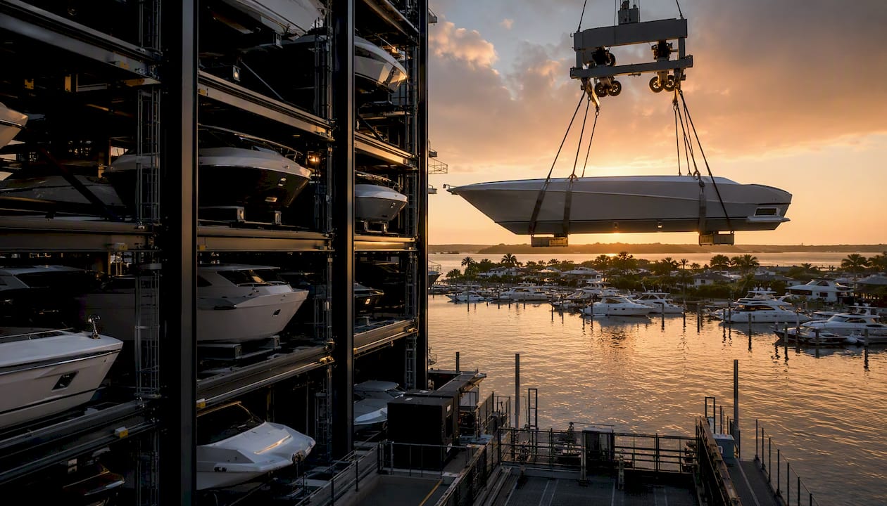 Automated vertical yacht storage at marina