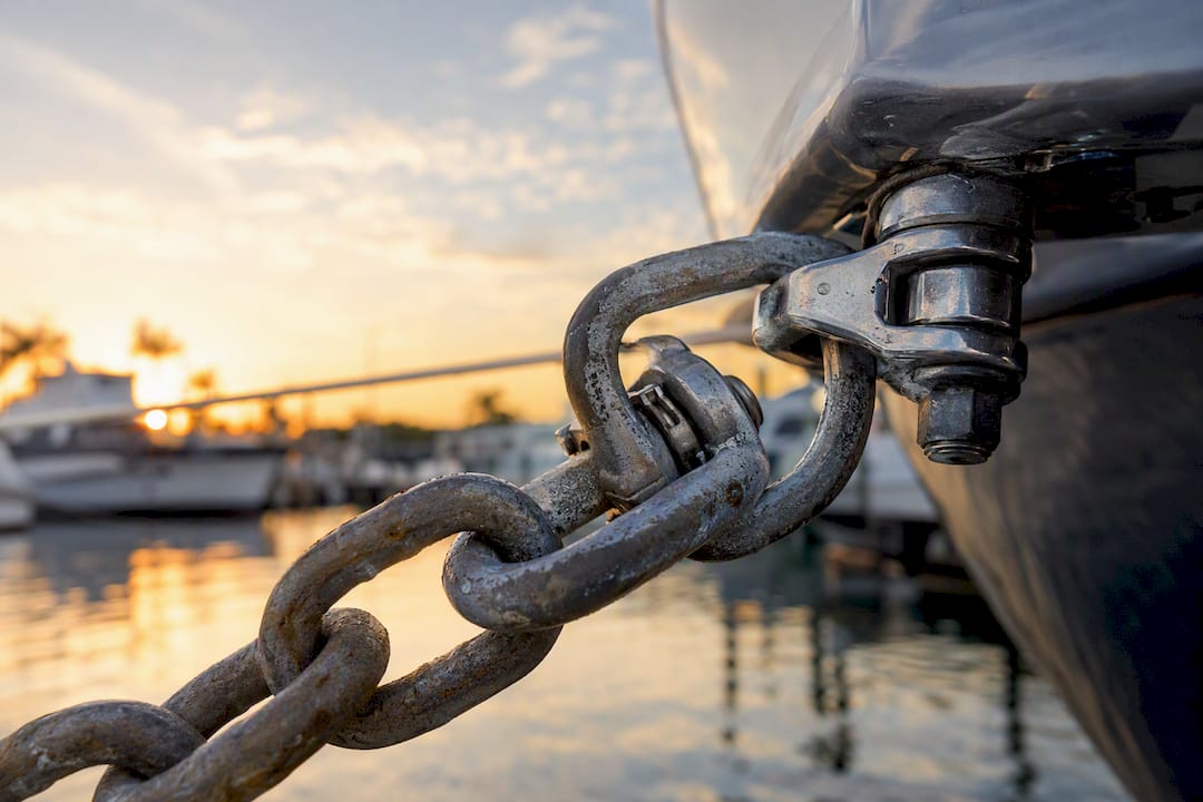 Close-up of yacht mooring swivel and shackle