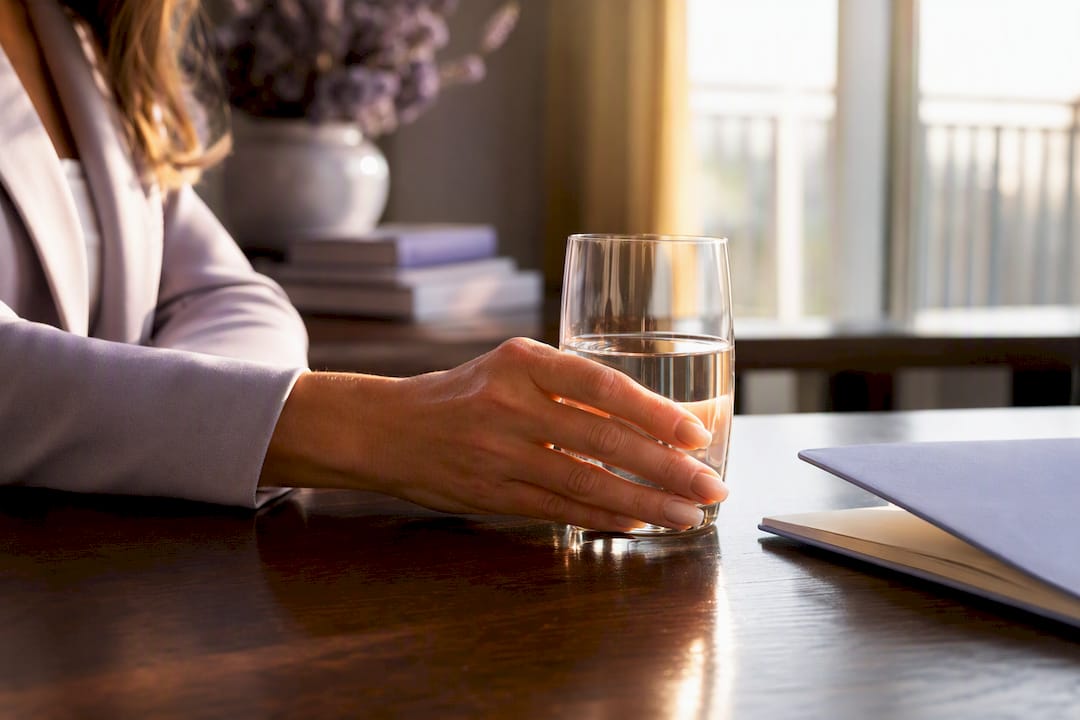 Hand holding coffee cup on navy desk