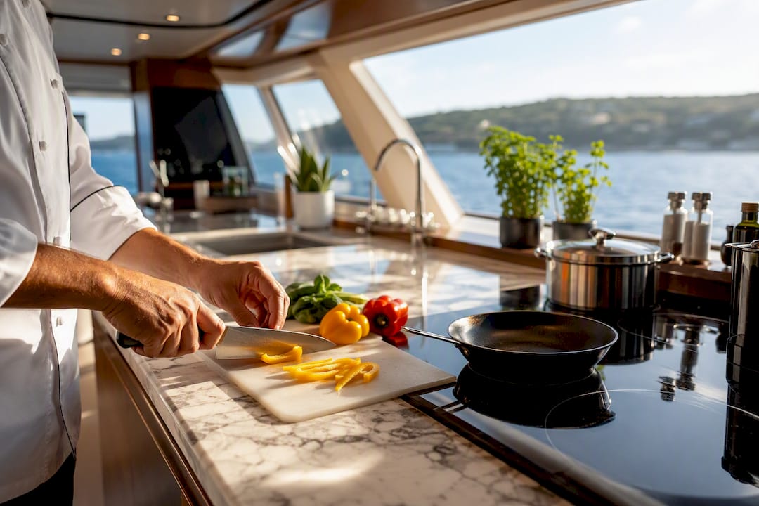 Yacht chef chopping ingredients in galley kitchen