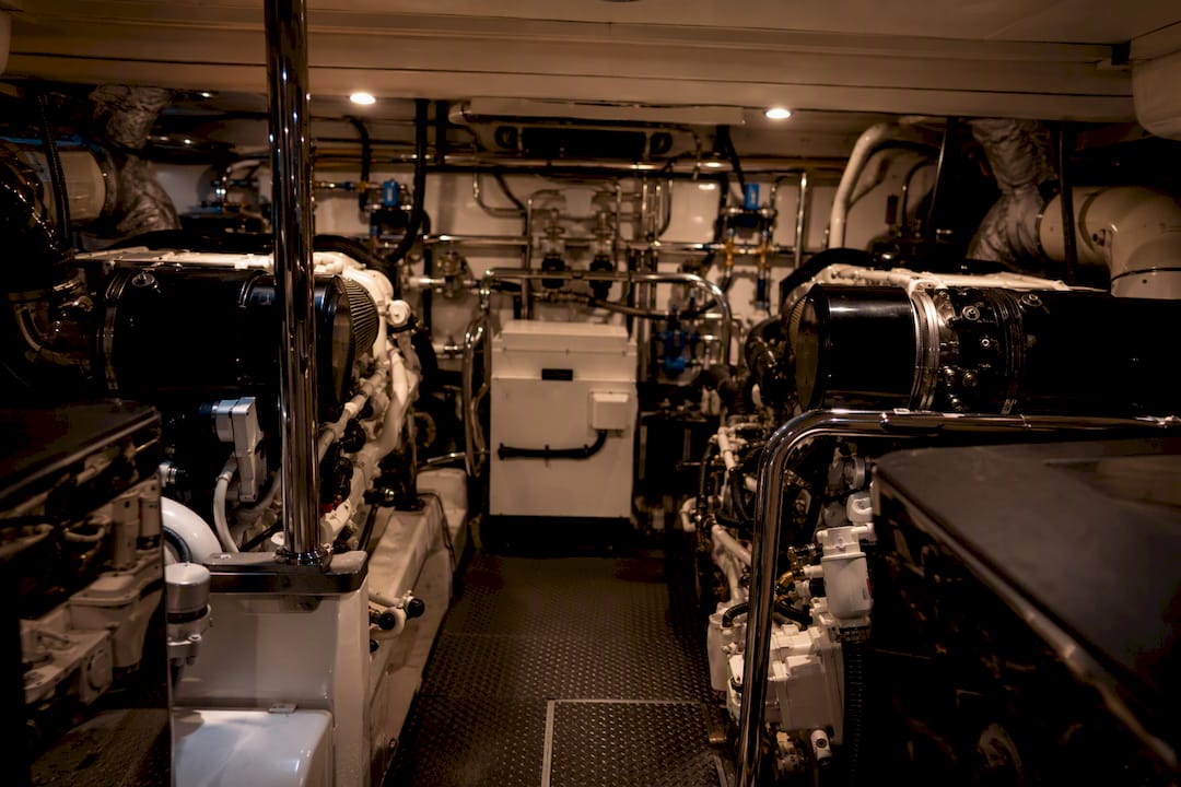 Motor yacht engine room equipment close-up