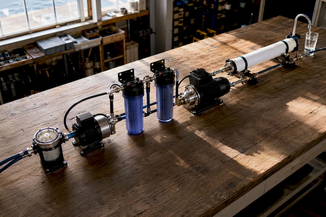 Watermaker plumbing components arranged sequentially