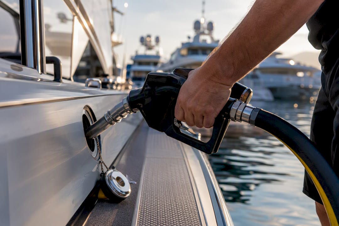 Fuel nozzle filling yacht tank at marina