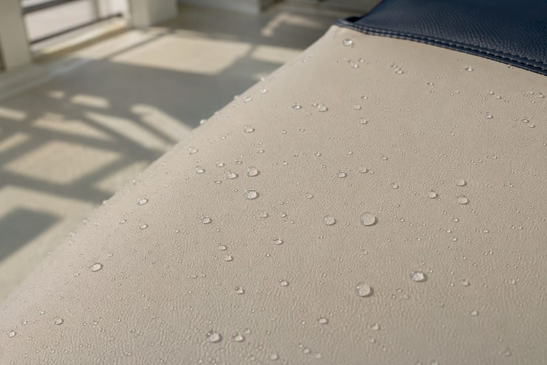 Water droplets beading on marine vinyl fabric