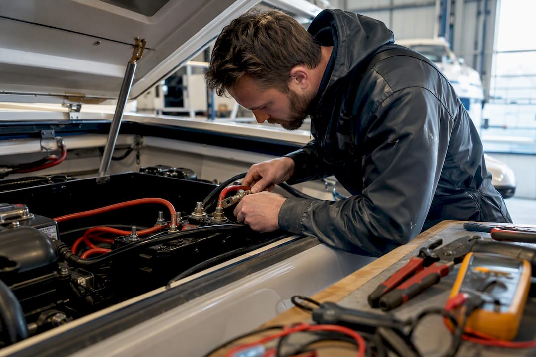 Electrician wiring bow thruster battery terminals