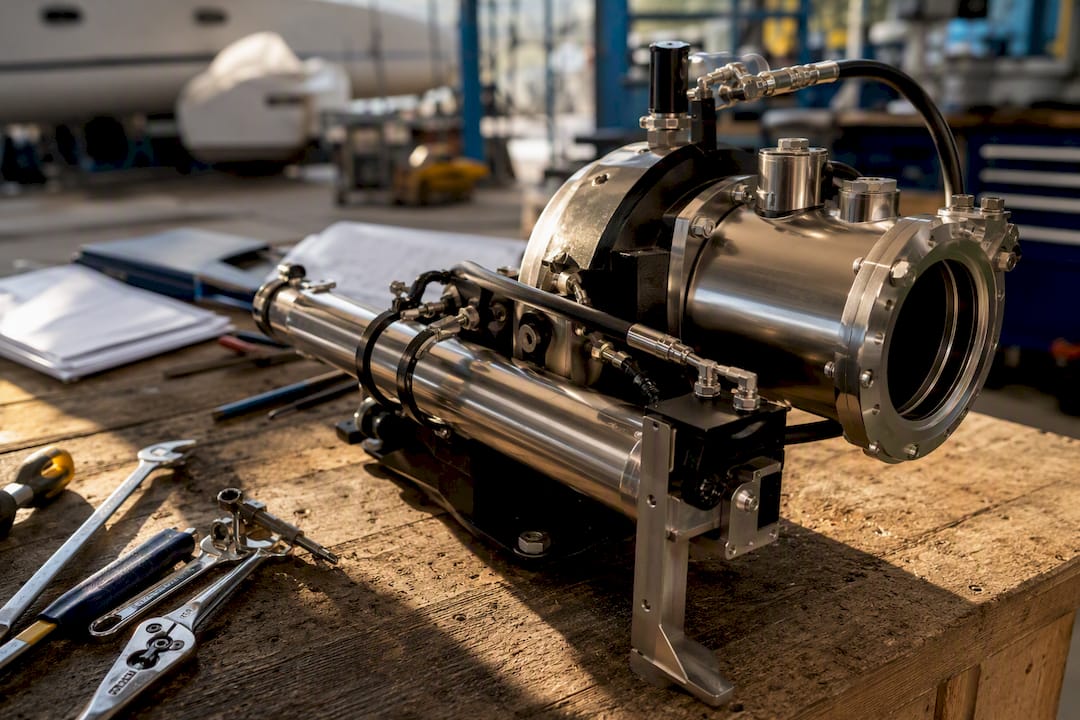 Hydraulic thruster components on workshop bench