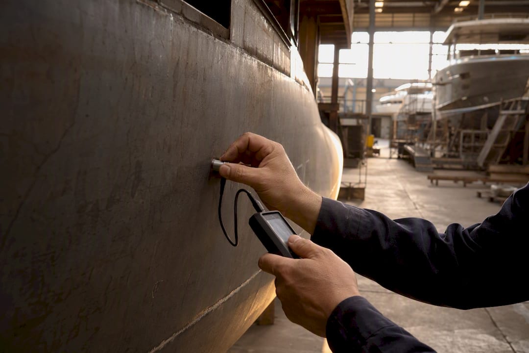 Hands measuring yacht hull thickness