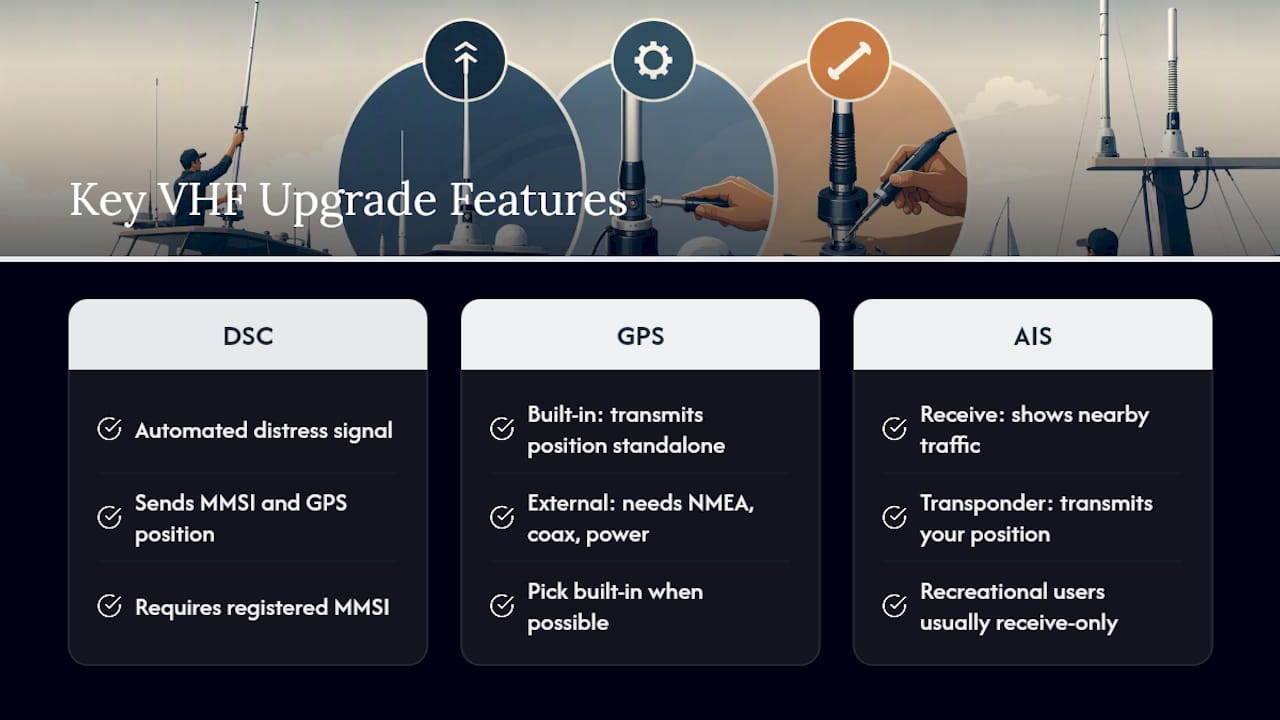 Diagram comparing VHF radio features DSC, GPS, AIS