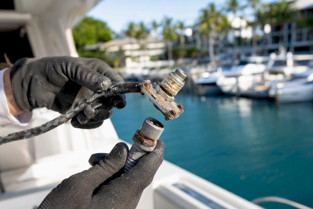 Close-up of marine antenna coax cable and connector corrosion