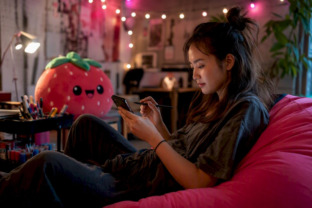 Female artist animating selfie on smartphone