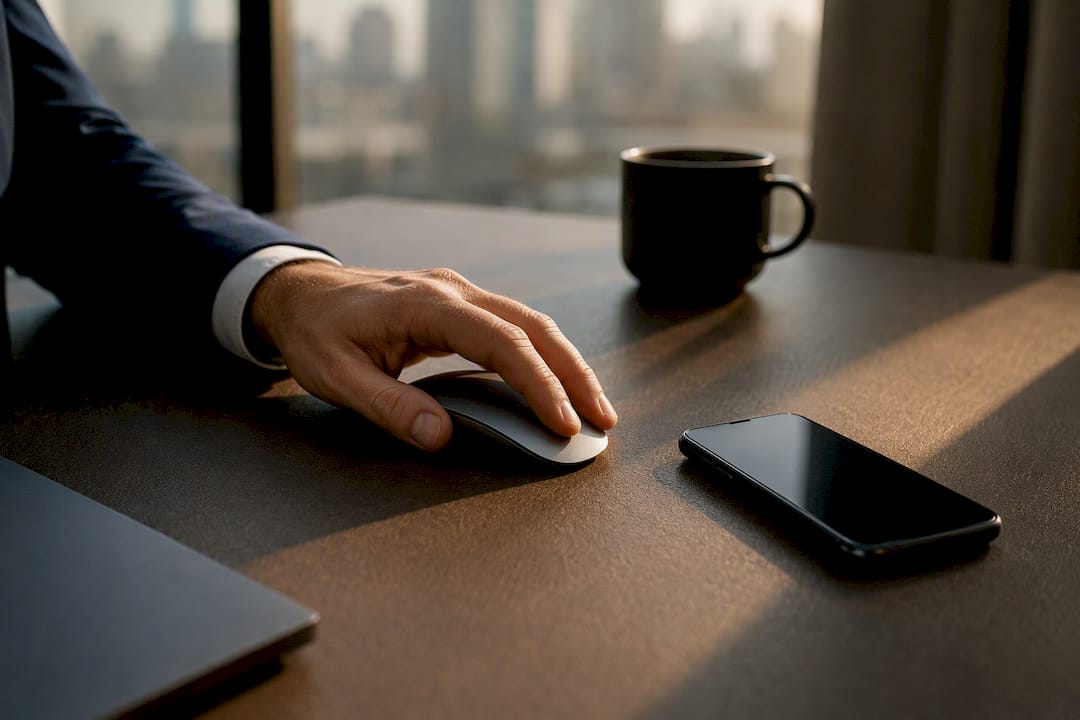 Hand adjusting mouse on luxury desk