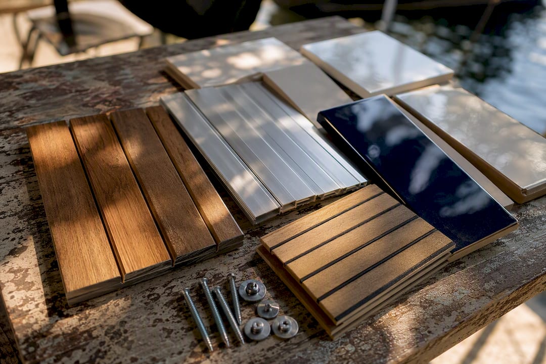 Close-up of swim platform materials on workbench