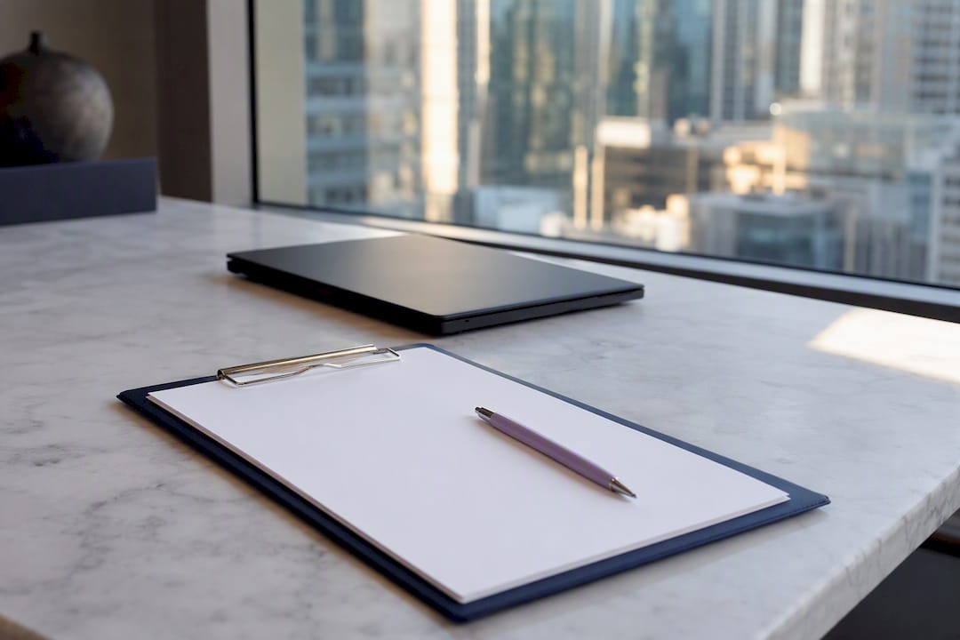 Compliance review setup with clipboard and pen