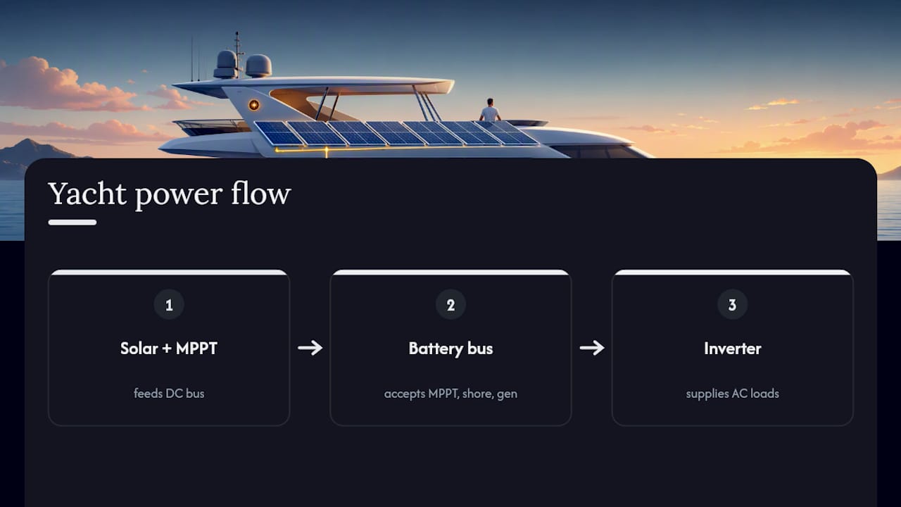 Flow of solar power through yacht electrical systems