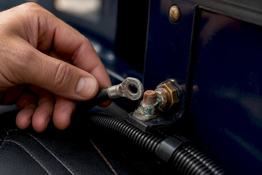 Technician inspecting corrosion on marine cable terminal