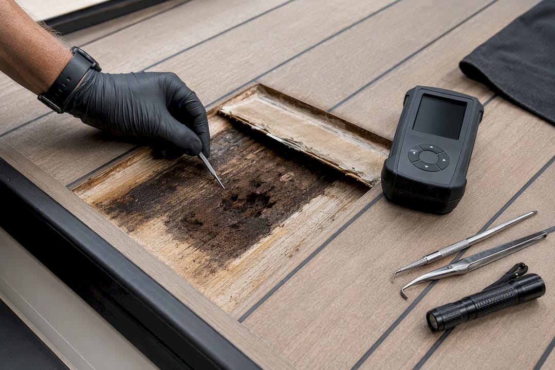 Exposed deck core showing hidden moisture damage