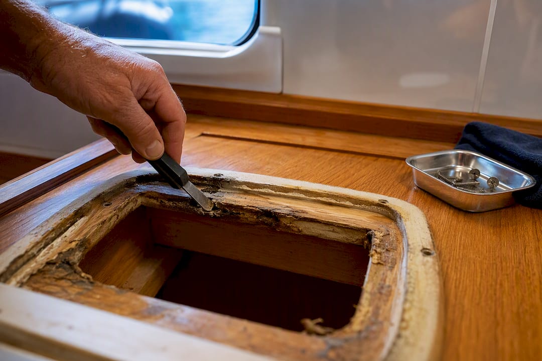 Softened wood beneath marine head base