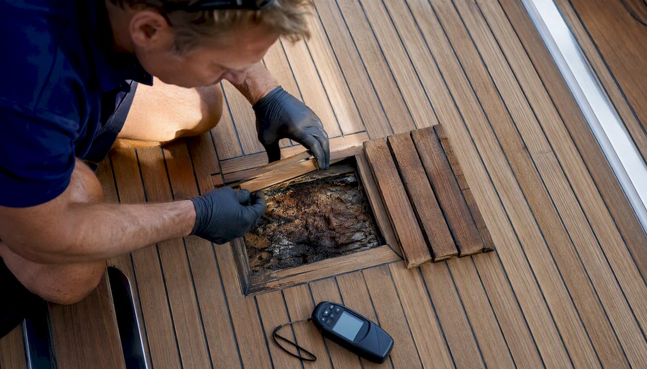 Core damage beneath removed teak planks