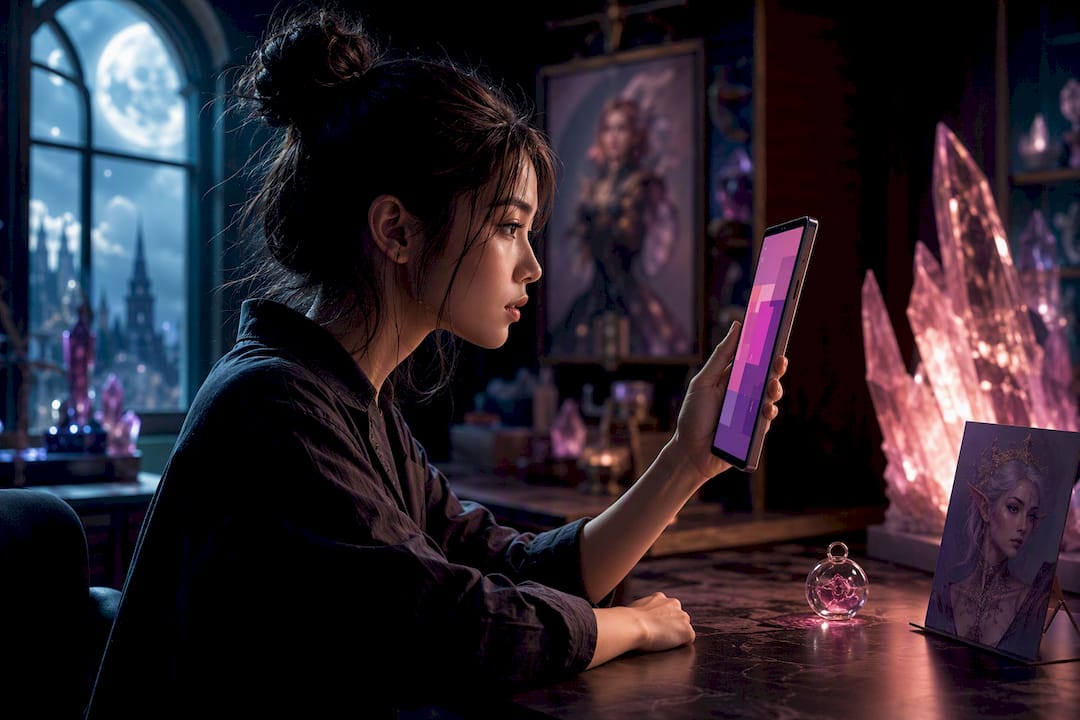 Girl creator animating fantasy avatar vertically