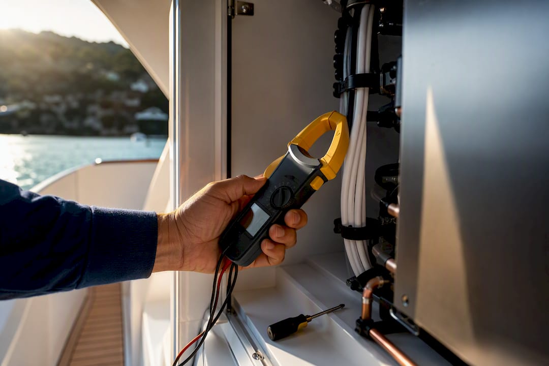 Technician measuring marine AC electrical load