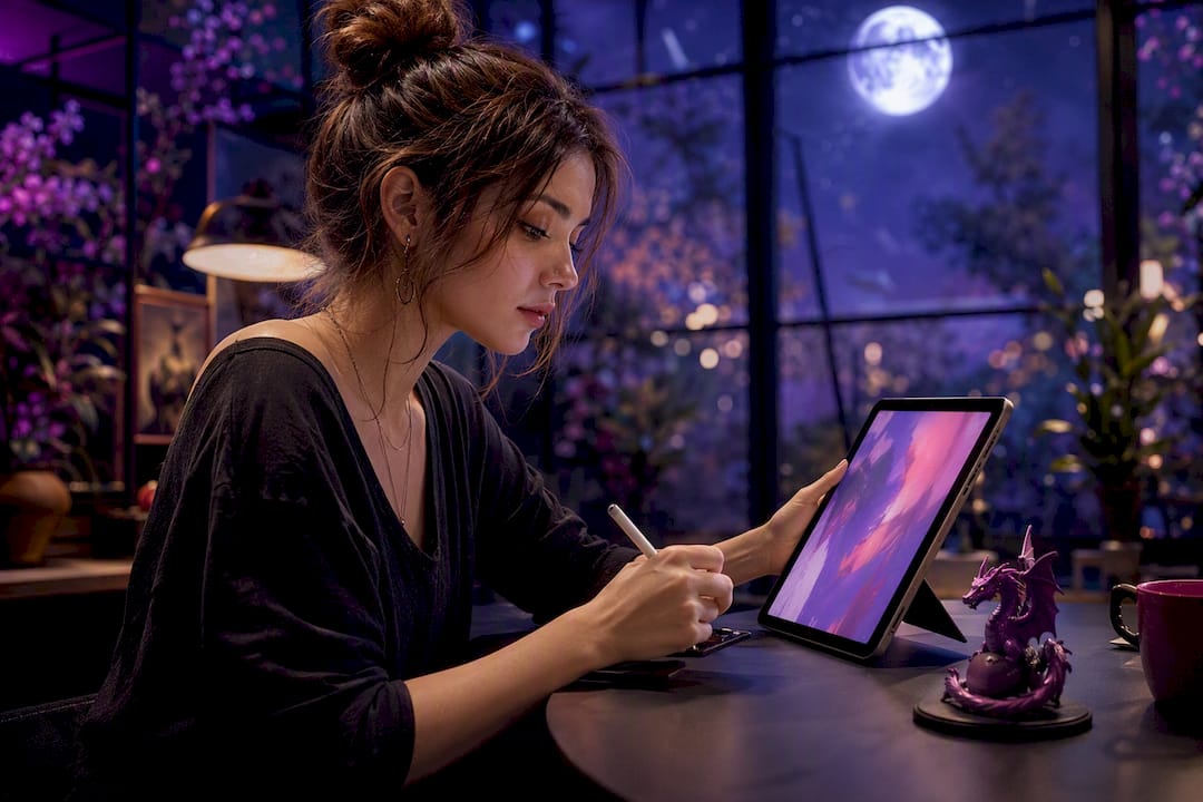 Girl reviewing fantasy portrait upload
