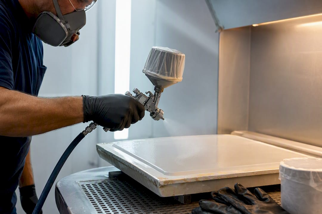 Technician applying PVA barrier to gelcoat