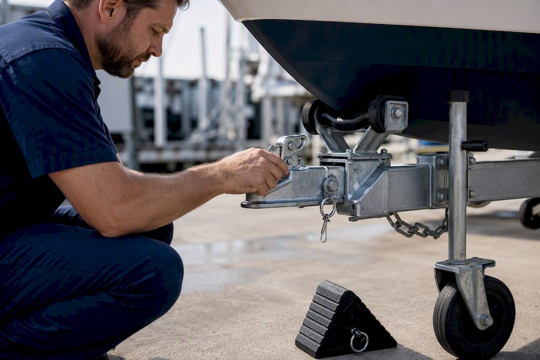 Technician checking boat trailer coupler