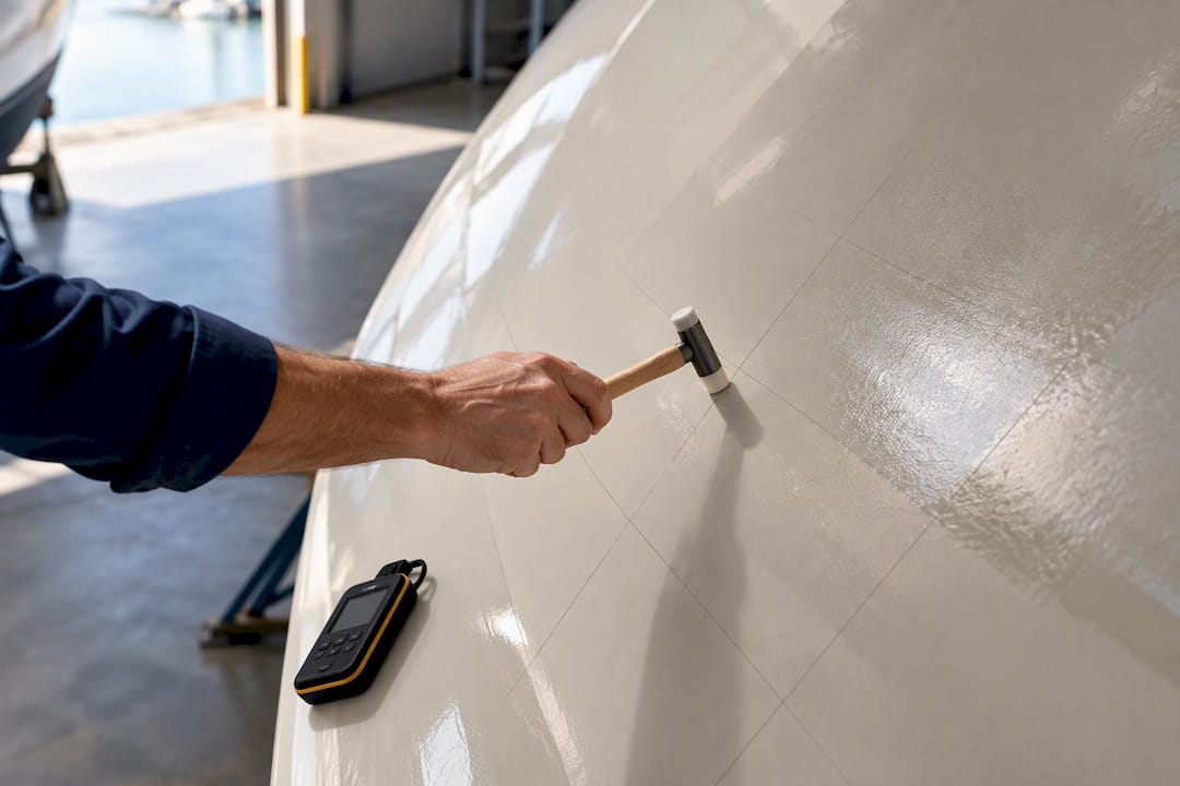 Surveyor tapping hull in inspection grid