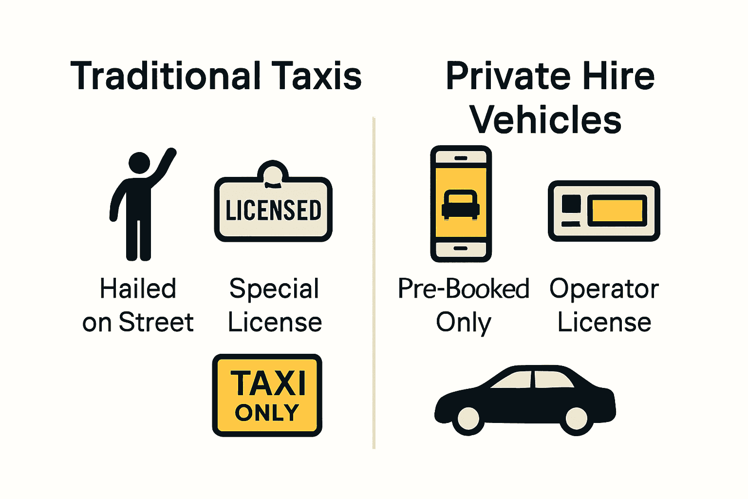 Infographic comparing UK traditional taxis and private hire vehicles.