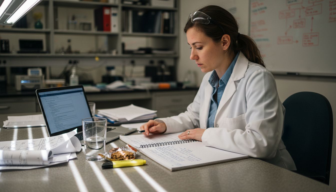 Scientist documenting lab research at desk