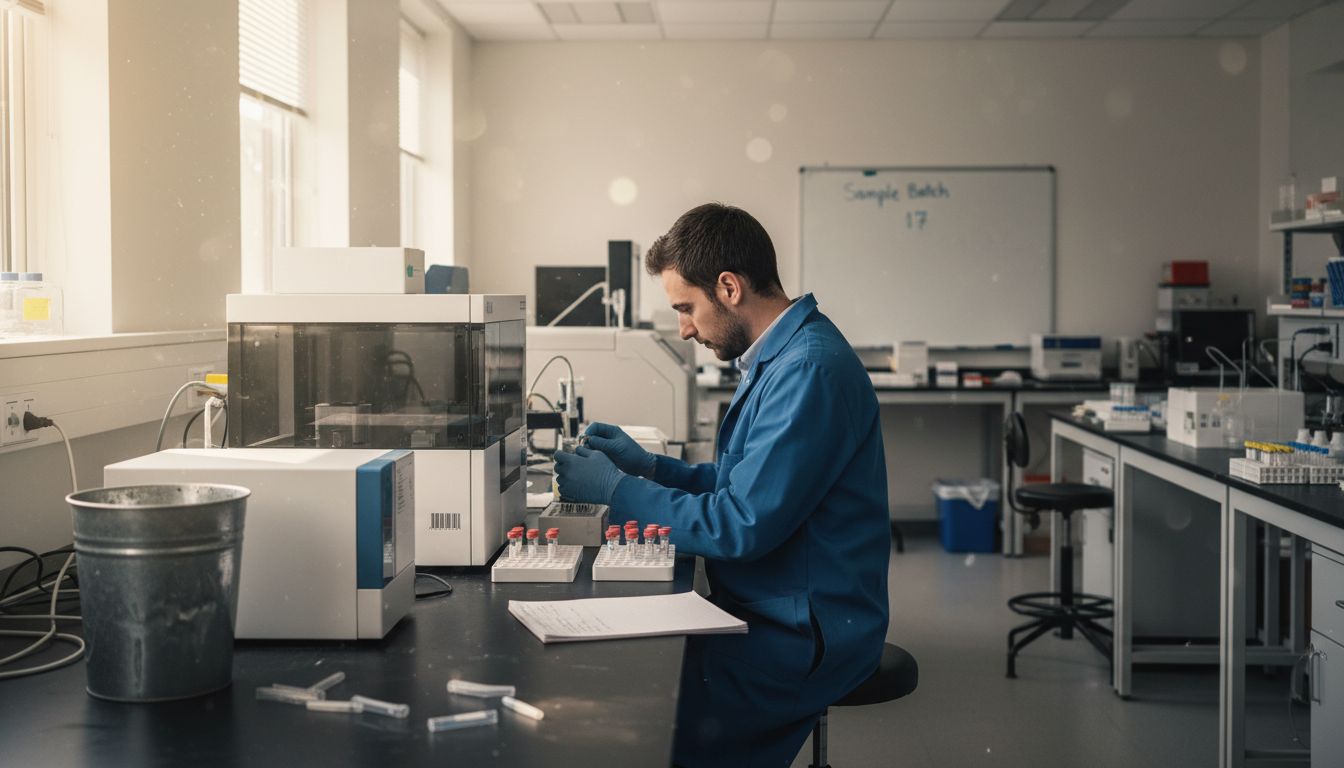 Technician monitoring liquid handler automation