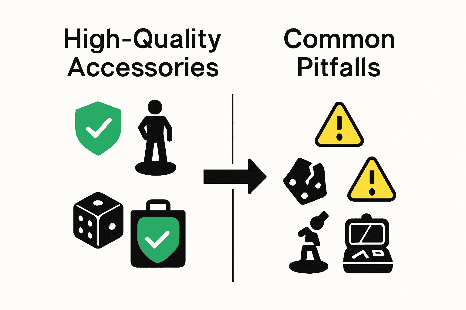 Comparison chart of quality accessories versus common pitfalls in tabletop gaming.