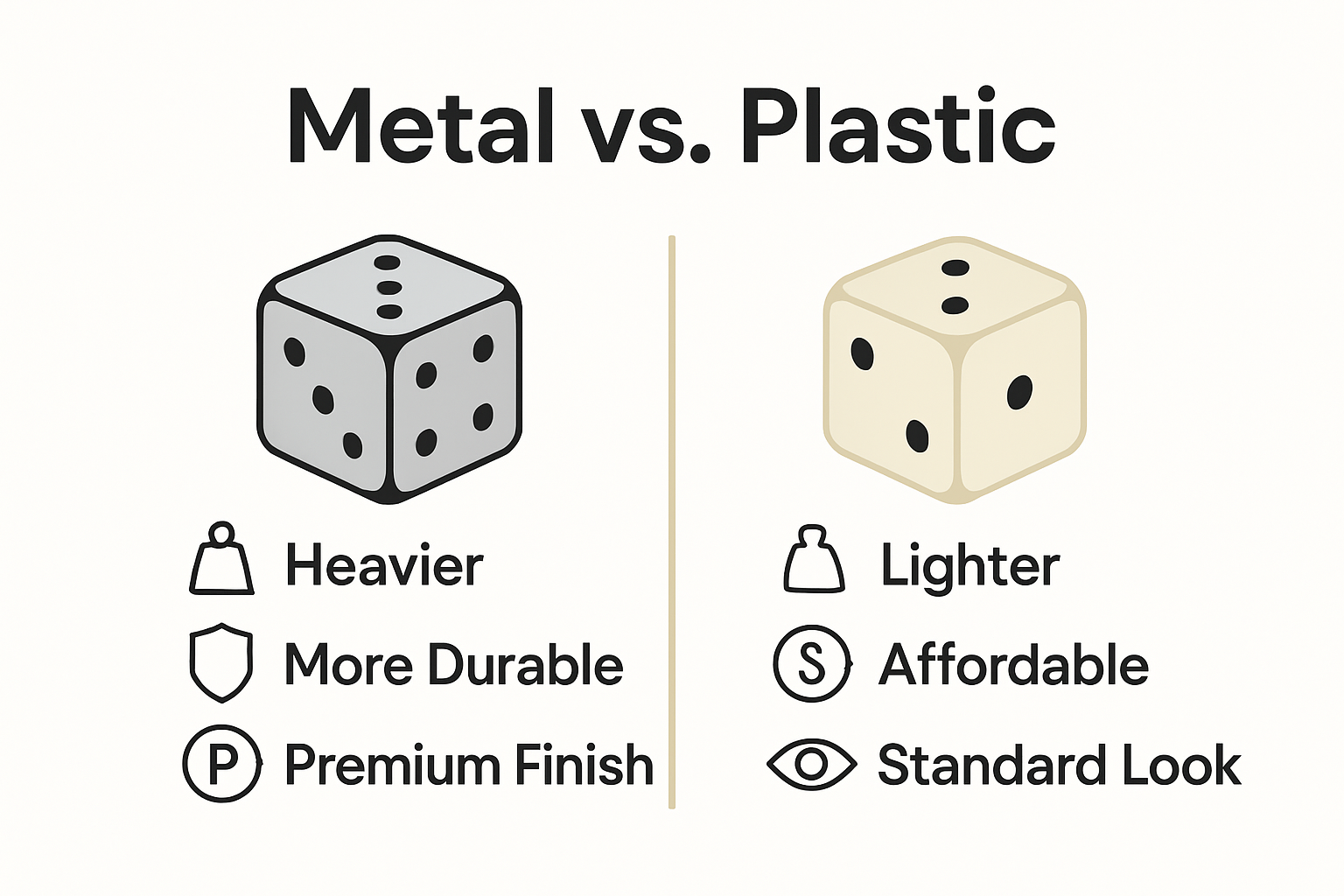 Simple comparison of metal vs plastic dice using icons and feature callouts