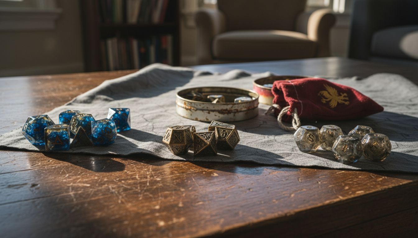Resin, metal, and glass dice sets on table
