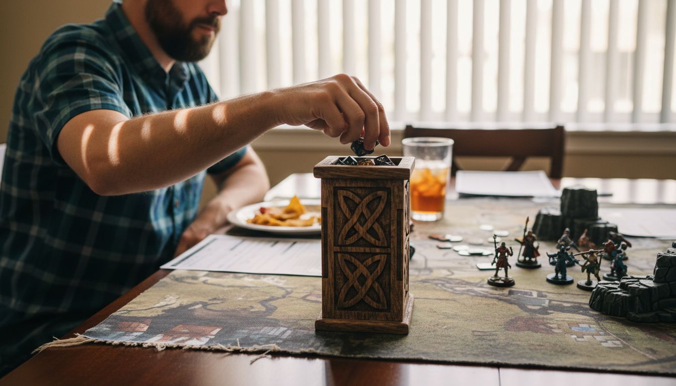 Game table with dice tower and playmat