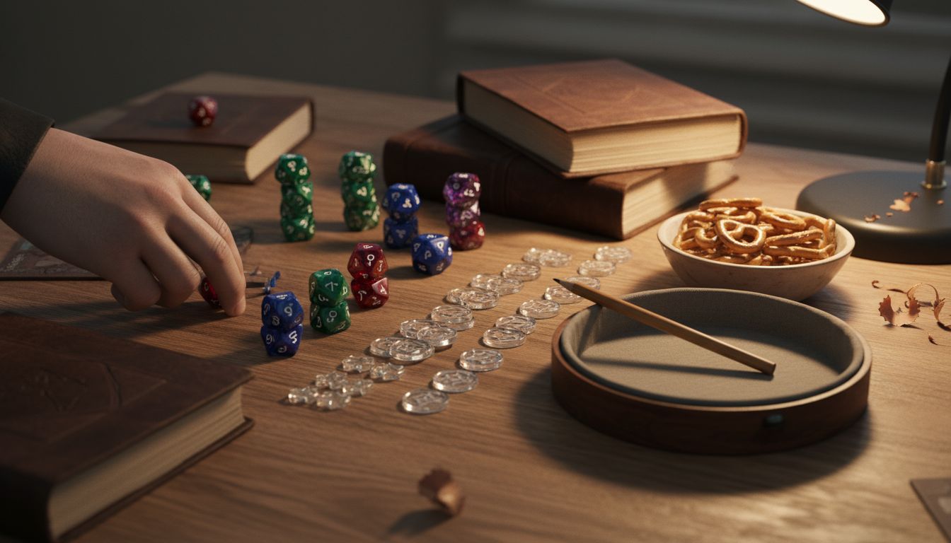 Close-up of organized dice, tokens, and journals