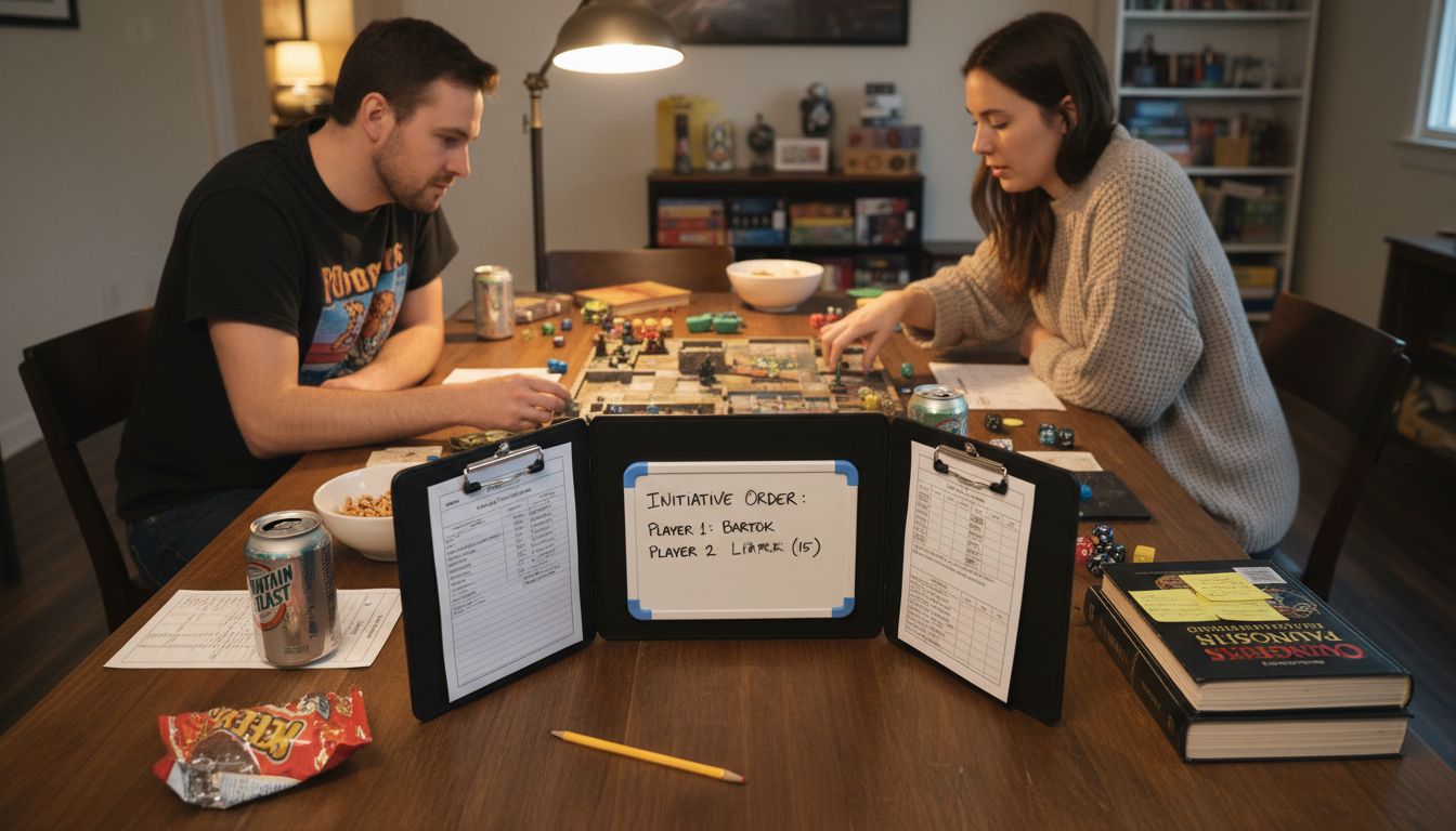 Friends playing TTRPG with magnetic DM screen
