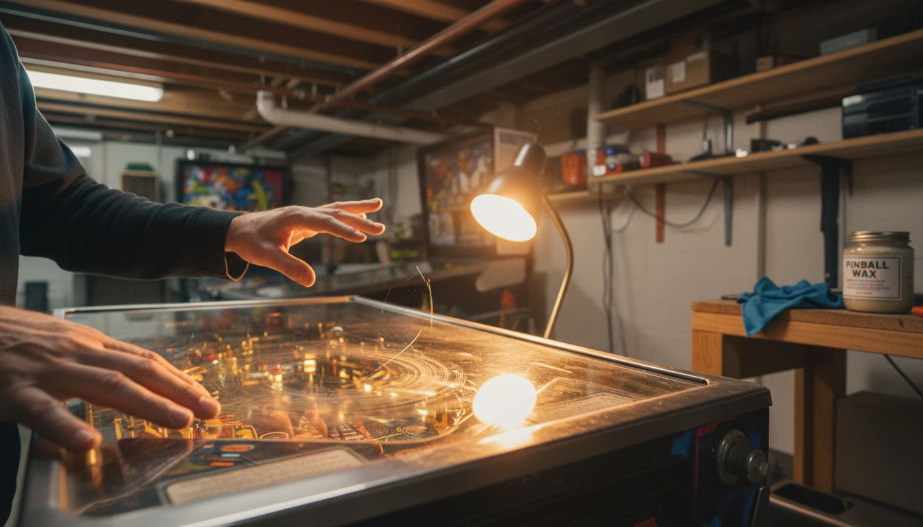 Hands inspecting pinball playfield for condition