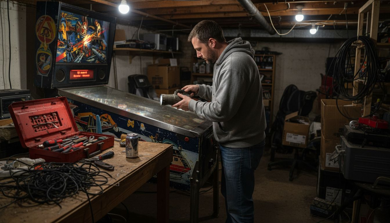 Buyer closely inspecting used pinball machine