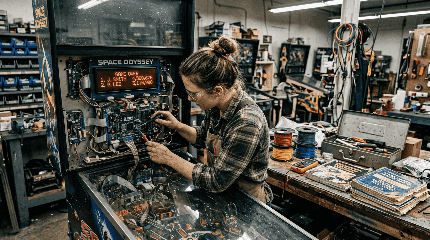 Technician upgrading modern pinball technology